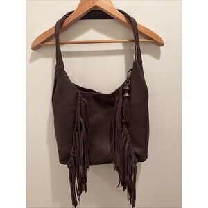 The Sak Brown Pebbled Leather Medium Hobo Shoulder Bag Fringe Western Hippie